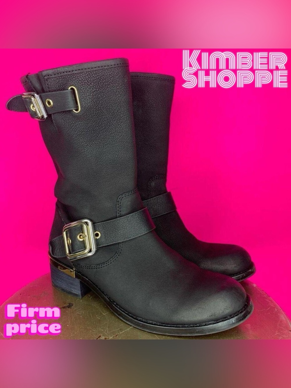 Vince Camuto Windy Black Leather Gold Hardware Moto Boots US 6 UK 3.5